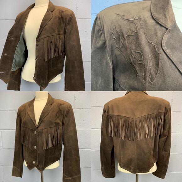 Vtg 80s Brown Suede Fringe Jacket Rodeo Bronco Cut Out Detail Western Cowgirl LG